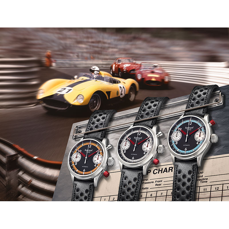 Presse- und Kampagnenbild Hanhart Race Master Uhren auf Klemmbrett bei Oldtimer Ralley Monaco